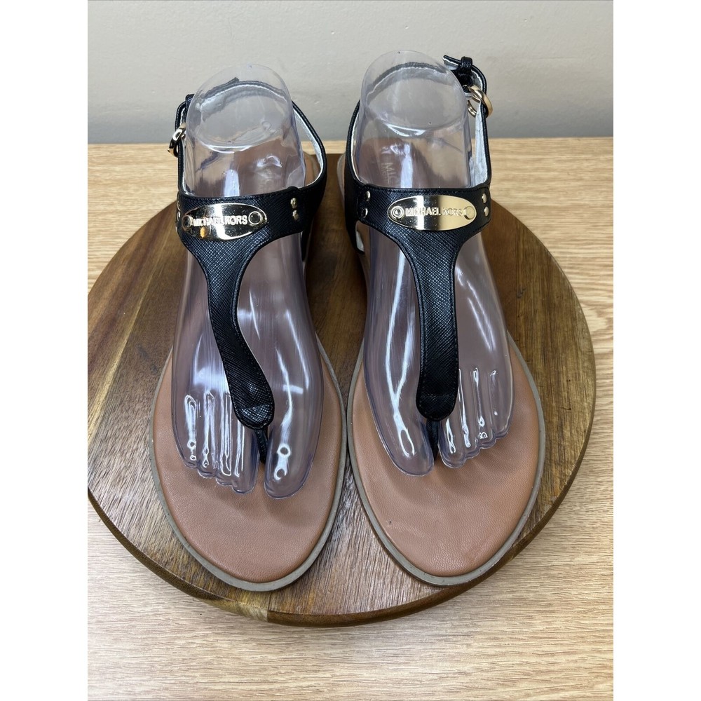 Michael Kors women’s 10M Delfia Black Leather thong Flat Ankle Strap Sandal